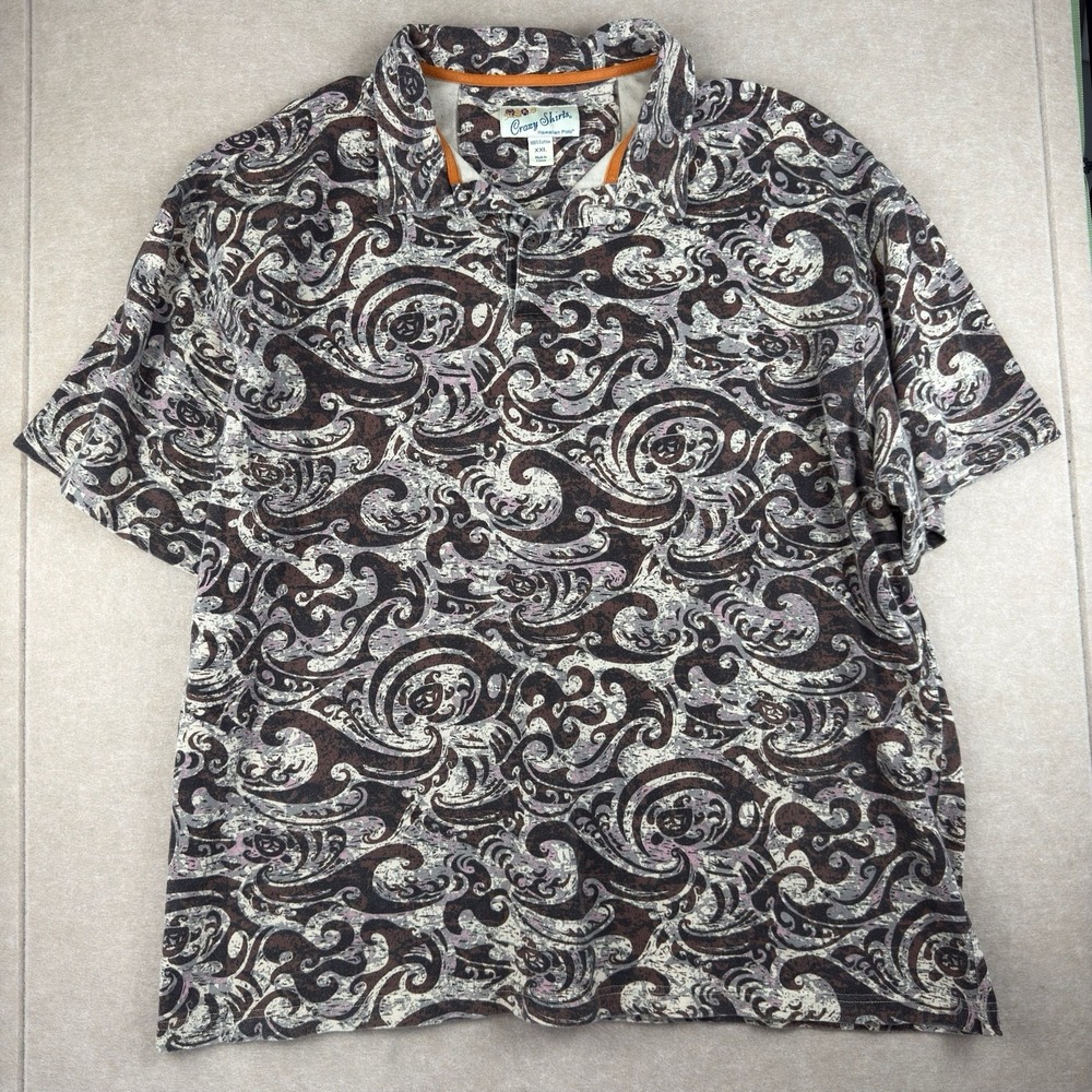 Vintage Crazy Polo Shirt Hawaiian XXL Brown Black Waves Embroidered Logo‎ Aloha